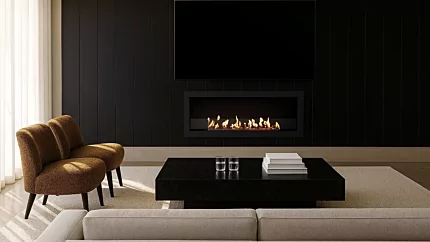 Frame 1200SS by EcoSmart Fire brings inviting ethanol fireplace warmth to indoor living rooms, blending function and design for home comfort.