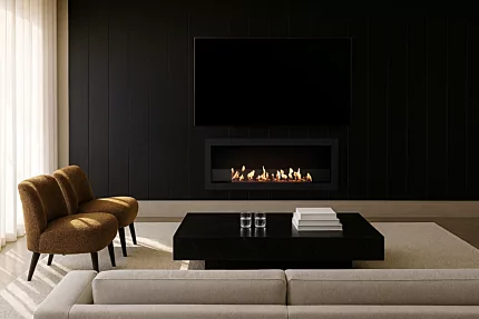 Frame 1200SS by EcoSmart Fire brings inviting ethanol fireplace warmth to indoor living rooms, blending function and design for home comfort.