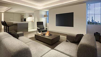 EcoSmart Fire Martini 50 Fire Table elevates Commercial Space lounge, sleek bioethanol centerpiece offering clean open-flame ambience.