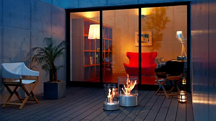 EcoSmart Fire T-Lite Series Designer Fireplace adds a portable bioethanol flame accent to an indoor private residence setting.