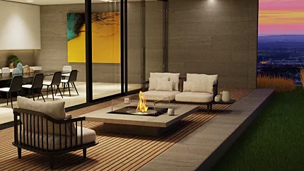 EcoSmart Fire Square 22 Fire Pit Kit installed on a residential patio creates a modern outdoor focal point with clean-burning ethanol and brushed chrome finish.