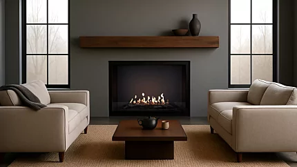 EcoSmart Heritage 56SS Fireplace elevates a contemporary living room with a sleek built-in ethanol fireplace at a private residence.