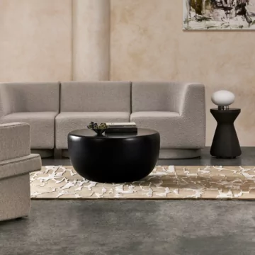 Blinde Design Node 30 concrete coffee table with matching Solo stools enriches a graphite-toned private living room indoors.