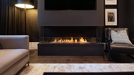 EcoSmart Fire Flex 68BY bay ethanol fireplace built into Camperdown private living room, adding vent-free warmth.