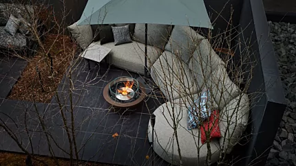 EcoSmart Fire Round 20 Fire Pit Kit bioethanol fire pit enhances the FUFU Kyu-Karuizawa forest retreat outdoor lounge with smokeless warmth.