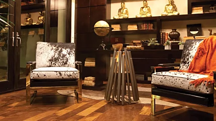 EcoSmart Fire Stix Fire Pit brings modern indoor heating to the New American Home office with brushed chrome ethanol design.