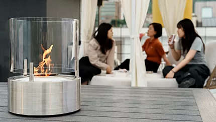 EcoSmart Fire T-Lite 8 Designer Fireplace adds a clean-burning bioethanol flame to Seouchon Architecture Hub outdoor balcony feature.