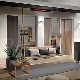 Heatscope Pure 3000W Radiant Heater ceiling-mounts above a cushioned private terrace, delivering silent infrared patio warmth.