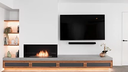 EcoSmart Fire Flex 50RC Flex Fireplace adds corner built-in bioethanol warmth to a Lane Cove living room.