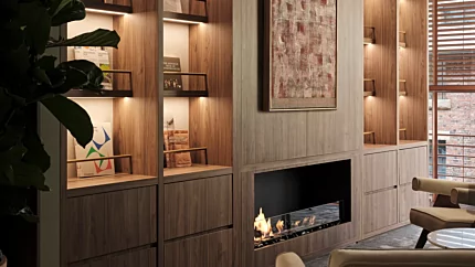 EcoSmart Fire Flex 50SS Fireplace enhances the McGrath Real Estate lobby in Sydney with sleek built-in ethanol heating for stylish commercial interiors.