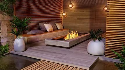 EcoSmart Fire Linear Curved 65 Fire Pit Kit installed on a private residence deck creates a striking indoor feature with clean-burning ethanol and black finish.