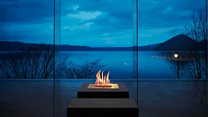 EcoSmart Fire BK5 Ethanol Burner creates a modern built-in fireplace for The Lake View Toya Nonokaze Resort lobby in Japan with clean-burning flames.