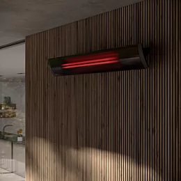Heatscope Heaters Pure 3000W Radiant Heater wall‑mounted on an outdoor patio at a private residence in Germany, electric infrared heat.